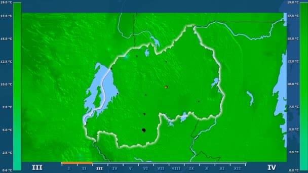 アニメーションの伝説 輝く形 管理上のボーダー 主要都市 首都ルワンダ地域の月最低気温は 平射図法 — ストック動画
