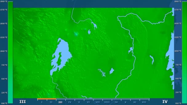 Minimaltemperatur Pro Monat Der Ruandischen Region Mit Animierter Legende Rohfarbschattierung — Stockvideo
