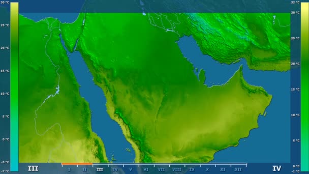 アニメーション伝説 Raw カラー シェーダーを持つサウジアラビア周辺地域の月別平均気温は 平射図法 — ストック動画