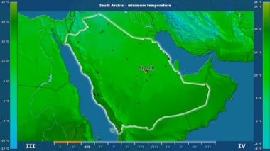 Aya göre minimum sıcaklığı animasyonlu gösterge - İngilizce etiketleri Suudi Arabistan bölge: ülke ve sermaye adları, açıklama göster. Sterografik projeksiyon