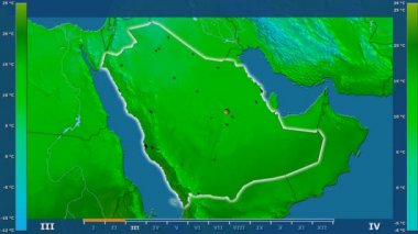 Animasyonlu efsanesi - parlayan şekli, idari sınırları, ana şehirler, sermaye ile Suudi Arabistan alanında minimum sıcaklığı aya göre. Sterografik projeksiyon