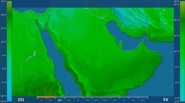 Animasyonlu efsanesi - ham renk shader ile Suudi Arabistan alanında minimum sıcaklığı aya göre. Sterografik projeksiyon
