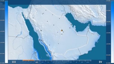 Animasyonlu efsanesi - parlayan şekli, idari sınırları, ana şehirler, sermaye ile Suudi Arabistan bölgesinde su buharı basıncı aya göre. Sterografik projeksiyon