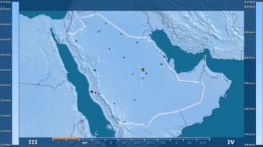 Hız animasyonlu gösterge parlayan şekli, idari sınırları, ana şehirler, Sermaye - Suudi Arabistan bölge aya göre rüzgar. Sterografik projeksiyon