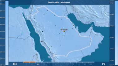Rüzgar hızı aya göre animasyonlu gösterge - İngilizce etiketleri Suudi Arabistan bölge: ülke ve sermaye adları, açıklama göster. Sterografik projeksiyon