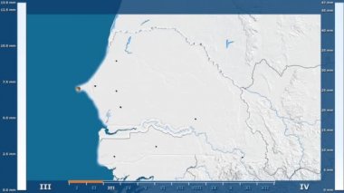 Animasyonlu gösterge - parlayan şekli, idari sınırları, ana şehirler, sermaye ile Senegal bölgede yağış aya göre. Sterografik projeksiyon