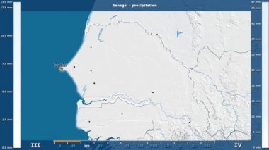 Senegal alanı animasyonlu gösterge - İngilizce etiketleri ile aya göre Yağış: ülke ve sermaye adları, açıklama göster. Sterografik projeksiyon