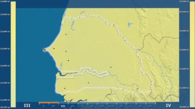 Animasyonlu gösterge parlayan şekli, idari sınırları, ana şehirler, sermaye - Senegal bölge güneş radyasyonu aya göre. Sterografik projeksiyon