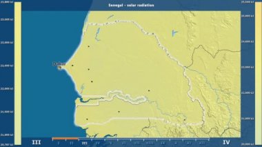 Aya göre güneş radyasyonu ile animasyonlu gösterge - İngilizce etiketleri Senegal alanında: ülke ve sermaye adları, açıklama göster. Sterografik projeksiyon