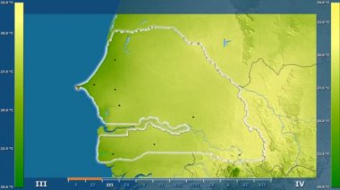 Senegal alanda animasyonlu gösterge - parlayan şekli, idari sınırları, ana şehirler, sermaye ile ortalama sıcaklık aya göre. Sterografik projeksiyon