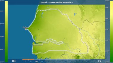 Ortalama sıcaklık ay tarafından animasyonlu gösterge - İngilizce etiketleri Senegal bölge: ülke ve sermaye adları, açıklama göster. Sterografik projeksiyon