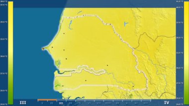 Senegal alanda animasyonlu gösterge - parlayan şekli, idari sınırları, ana şehirler, sermaye ile maksimum sıcaklık aya göre. Sterografik projeksiyon