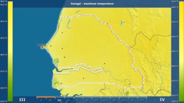 Senegal alanda animasyonlu gösterge - İngilizce etiketleri ile aya göre maksimum sıcaklık: ülke ve sermaye adları, açıklama göster. Sterografik projeksiyon