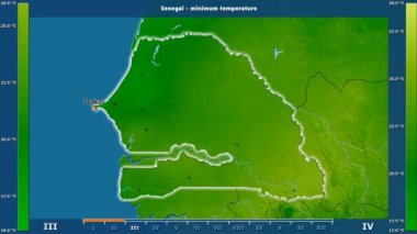 Senegal alanda animasyonlu gösterge - İngilizce etiketleri ile aya göre minimum sıcaklığı: ülke ve sermaye adları, açıklama göster. Sterografik projeksiyon