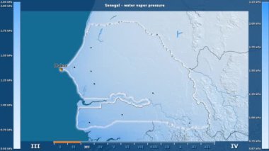 Senegal alanda animasyonlu gösterge - İngilizce etiketleri ile aya göre su buhar basıncı: ülke ve sermaye adları, açıklama göster. Sterografik projeksiyon
