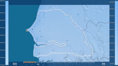 Hız Senegal alanda animasyonlu gösterge - parlayan şekli, idari sınırları, ana şehirler, sermaye ile aya göre rüzgar. Sterografik projeksiyon