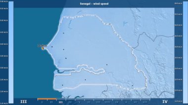 Rüzgar hızı aya göre animasyonlu gösterge - İngilizce etiketleri Senegal bölge: ülke ve sermaye adları, açıklama göster. Sterografik projeksiyon