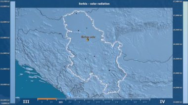 Aya göre güneş radyasyonu animasyonlu efsanesi - İngilizce etiketleri ile Sırbistan alanında: ülke ve sermaye adları, açıklama göster. Sterografik projeksiyon