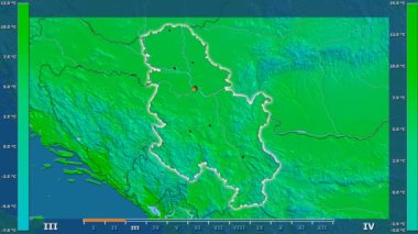 Animasyonlu efsanesi - parlayan şekli, idari sınırları, ana şehirler, sermaye ile Sırbistan alanında ortalama sıcaklık aya göre. Sterografik projeksiyon