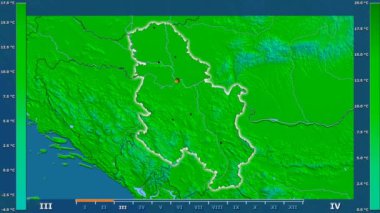 Animasyonlu efsanesi - parlayan şekli, idari sınırları, ana şehirler, sermaye ile Sırbistan alanında maksimum sıcaklık aya göre. Sterografik projeksiyon