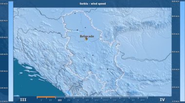Rüzgar hızı aya göre animasyonlu efsanesi - İngilizce etiketleri ile Sırbistan alanında: ülke ve sermaye adları, açıklama göster. Sterografik projeksiyon