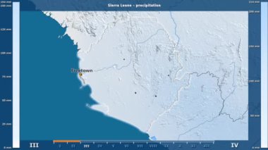 Sierra Leone alanı animasyonlu gösterge - İngilizce etiketleri ile aya göre Yağış: ülke ve sermaye adları, açıklama göster. Sterografik projeksiyon