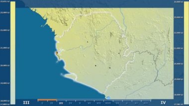 Sierra Leone alanda animasyonlu gösterge - parlayan şekli, idari sınırları, ana şehirler, sermaye ile güneş radyasyonu aya göre. Sterografik projeksiyon