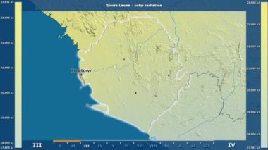 Aya göre güneş radyasyonu animasyonlu gösterge - İngilizce etiketleri Sierra Leone bölge: ülke ve sermaye adları, açıklama göster. Sterografik projeksiyon