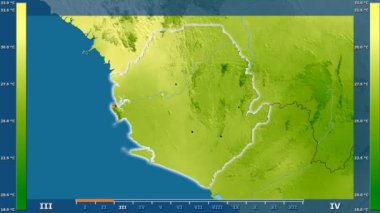Animasyonlu efsanesi - parlayan şekli, idari sınırları, ana şehirler, sermaye ile Sierra Leone alanında ortalama sıcaklık aya göre. Sterografik projeksiyon