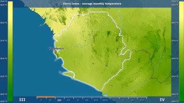 Ortalama sıcaklık ay tarafından animasyonlu gösterge - İngilizce etiketleri Sierra Leone bölge: ülke ve sermaye adları, açıklama göster. Sterografik projeksiyon