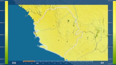 Sierra Leone alanda animasyonlu gösterge - parlayan şekli, idari sınırları, ana şehirler, sermaye ile maksimum sıcaklık aya göre. Sterografik projeksiyon