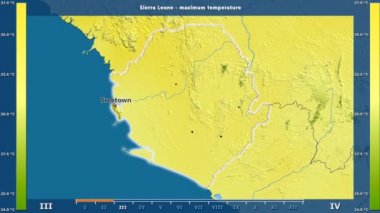 Sierra Leone alanda animasyonlu gösterge - İngilizce etiketleri ile aya göre maksimum sıcaklık: ülke ve sermaye adları, açıklama göster. Sterografik projeksiyon