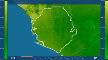 Animasyonlu efsanesi - parlayan şekli, idari sınırları, ana şehirler, sermaye ile Sierra Leone alanında minimum sıcaklığı aya göre. Sterografik projeksiyon