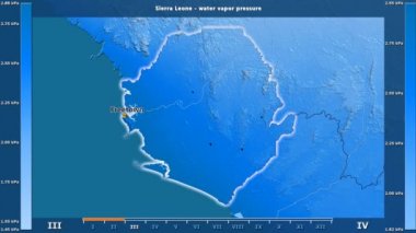 Sierra Leone alanda animasyonlu gösterge - İngilizce etiketleri ile aya göre su buhar basıncı: ülke ve sermaye adları, açıklama göster. Sterografik projeksiyon