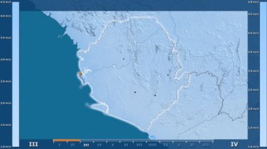 Hız Sierra Leone alanda animasyonlu gösterge - parlayan şekli, idari sınırları, ana şehirler, sermaye ile aya göre rüzgar. Sterografik projeksiyon