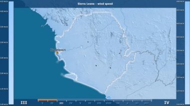 Rüzgar hızı aya göre animasyonlu gösterge - İngilizce etiketleri Sierra Leone bölge: ülke ve sermaye adları, açıklama göster. Sterografik projeksiyon