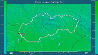 Ortalama sıcaklık ay tarafından animasyonlu efsanesi - İngilizce etiketleri ile Slovakya alanında: ülke ve sermaye adları, açıklama göster. Sterografik projeksiyon