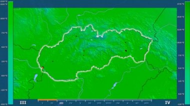 Animasyonlu efsanesi - parlayan şekli, idari sınırları, ana şehirler, sermaye ile Slovakya alanında maksimum sıcaklık aya göre. Sterografik projeksiyon