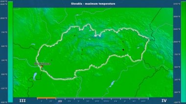 Aya göre maksimum sıcaklık animasyonlu efsanesi - İngilizce etiketleri ile Slovakya alanında: ülke ve sermaye adları, açıklama göster. Sterografik projeksiyon