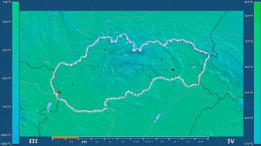 Animasyonlu efsanesi - parlayan şekli, idari sınırları, ana şehirler, sermaye ile Slovakya alanında minimum sıcaklığı aya göre. Sterografik projeksiyon