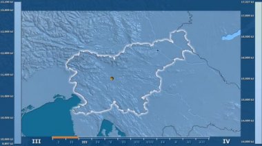 Animasyonlu gösterge parlayan şekli, idari sınırları, ana şehirler, sermaye - Slovenya bölge güneş radyasyonu aya göre. Sterografik projeksiyon