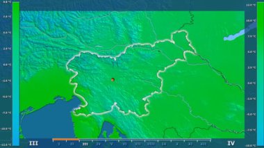 Animasyonlu efsanesi - parlayan şekli, idari sınırları, ana şehirler, sermaye ile Slovenya alanında ortalama sıcaklık aya göre. Sterografik projeksiyon