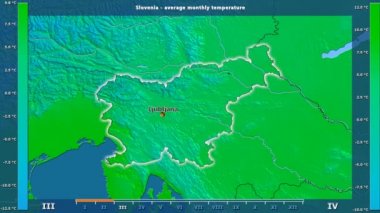 Ortalama sıcaklık ay tarafından animasyonlu gösterge - İngilizce etiketleri Slovenya bölge: ülke ve sermaye adları, açıklama göster. Sterografik projeksiyon