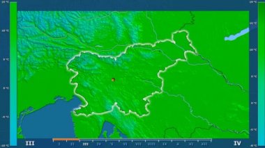 Slovenya alanda animasyonlu gösterge - parlayan şekli, idari sınırları, ana şehirler, sermaye ile maksimum sıcaklık aya göre. Sterografik projeksiyon