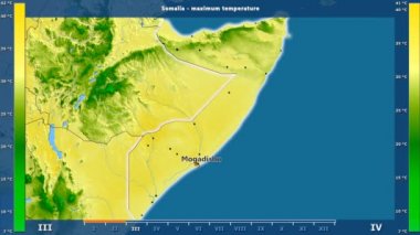 Somali alanda animasyonlu gösterge - İngilizce etiketleri ile aya göre maksimum sıcaklık: ülke ve sermaye adları, açıklama göster. Sterografik projeksiyon