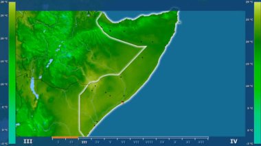 Animasyonlu efsanesi - parlayan şekli, idari sınırları, ana şehirler, sermaye ile Somali alanında minimum sıcaklığı aya göre. Sterografik projeksiyon