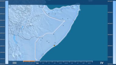 Hız Somali alanda animasyonlu gösterge - parlayan şekli, idari sınırları, ana şehirler, sermaye ile aya göre rüzgar. Sterografik projeksiyon