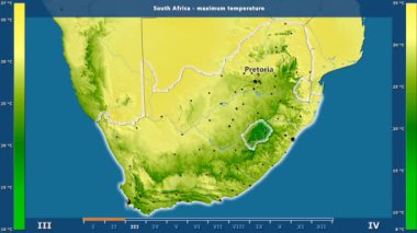Aya göre maksimum sıcaklık animasyonlu gösterge - İngilizce etiketleri Güney Afrika bölge: ülke ve sermaye adları, açıklama göster. Sterografik projeksiyon