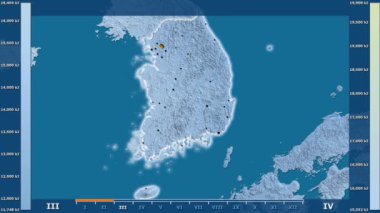 Animasyonlu efsanesi - parlayan şekli, idari sınırları, ana şehirler, sermaye ile Güney Kore alanında güneş radyasyonu aya göre. Sterografik projeksiyon