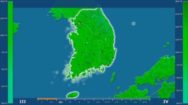 Animasyonlu efsanesi - parlayan şekli, idari sınırları, ana şehirler, sermaye ile Güney Kore alanında maksimum sıcaklık aya göre. Sterografik projeksiyon